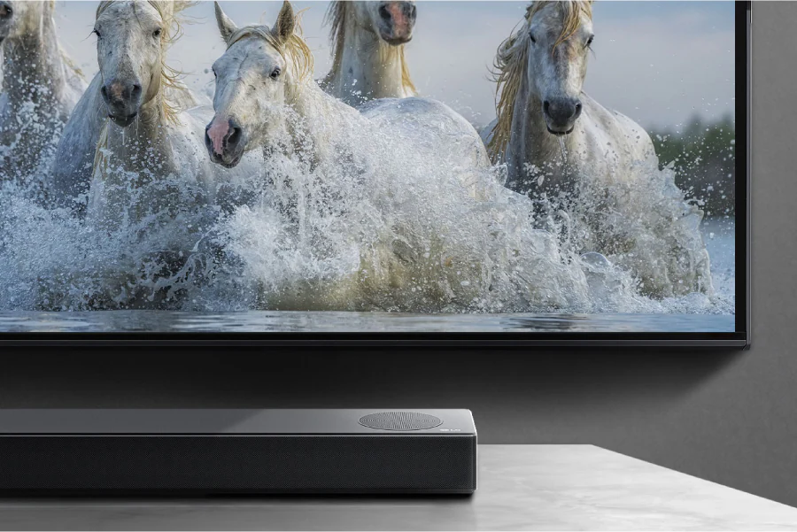 A close-up of the sound bar beneath the TV showing rushing horses.